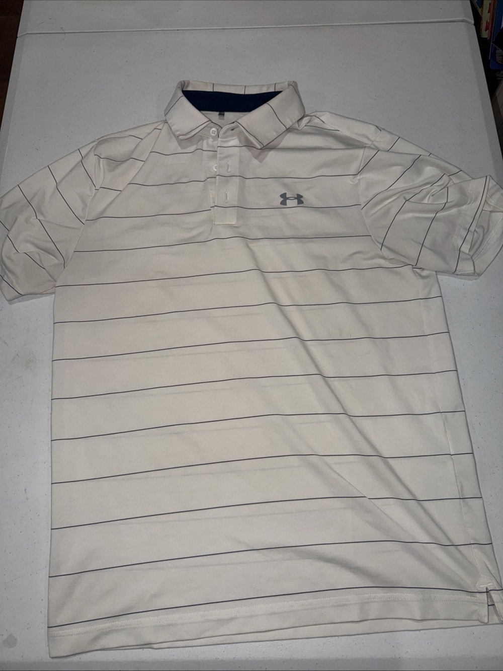 Under Armour Men’s White Polo with Thin Navy Stripes